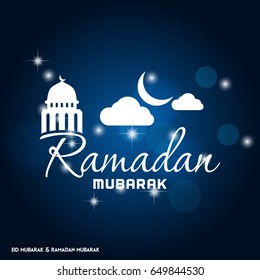 Ramadan Mubarak Simple Typography with Moon and Abstract Mosque Dome on Dark Blue Background