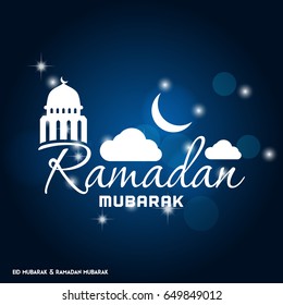 Ramadan Mubarak Simple Typography with Moon, Clouds and Mosque on Dark Blue Background