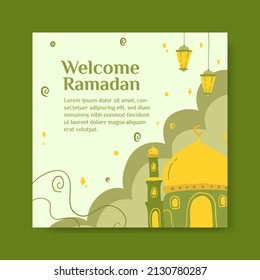 Ramadan Mubarak social media banner template . flat Illustration vector graphic. Design concept Mosque with lantern, Perfect for Islamic Holy Month, banner, Postcard social media