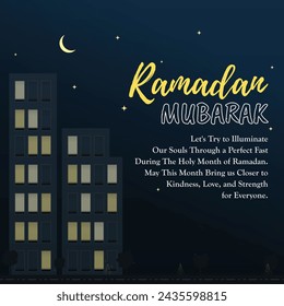 Ramadan Mubarak social media post design, midnight illuminated urban people awaken for eat Sahari for fasting, Muslim community faith. Let's try to illuminate our souls through a perfect fast.