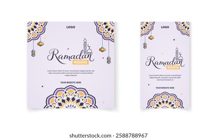 Ramadan Mubarak social media post template with Islamic mandala, lamp vector for online promotion