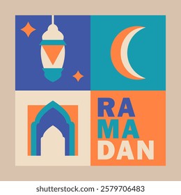 Ramadan Mubarak square greeting card in orange, blue, teal, and beige tones with geometric crescent moon, lantern, mosque arches, Arabic patterns, and bold "RAMADAN" text in modern flat design style