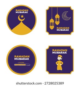 Conjunto de pegatinas de Ramadán Mubarak con linternas islámicas, mezquita y luna creciente