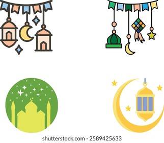 Ramadan Mubarak Symbols Collection: Crescent, Mosque, Lantern, and Islamic Ritual Icons - Realistic Vector Illustration 2025. Best for your Design.