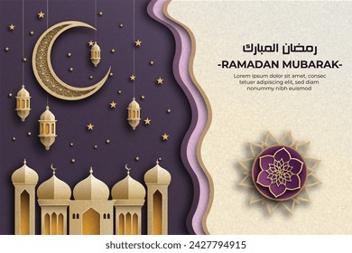 Ramadan Mubarak template with a 3D paper-cut aesthetic showcasing elegant Islamic lanterns, and a arabic ornamental. a sophisticated gold and violet color palette, and use vector illustrations.