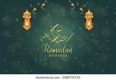ramadan mubarak template banner with beautiful islamic ornament with green background design 15