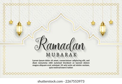 ramadan mubarak template banner illustration with beautiful shiny luxury islamic ornament and abstract gradient white and golden background design