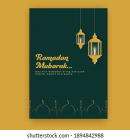 Ramadan Mubarak Template Design With Lit Candle Inside Golden Lanterns On Green Background.