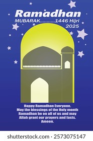 Ramadan Mubarak template with a paper-cut aesthetic showcasing elegant Islamic mosque, and a arabic ornamental.