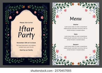 Ramadan mubarak template with plant, flower, and arch border for iftar party invitation card and menu list design