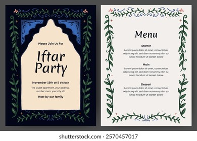 Ramadan mubarak template with plant, flower, and arch border for iftar party invitation card and menu list design