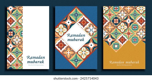 Ramadan Mubarak template set with vibrant Arabesque patterns isolated on dark blue background.