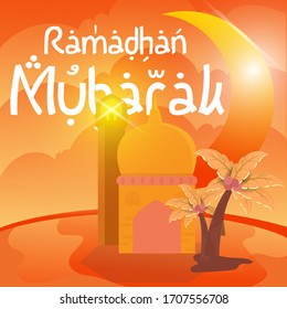 "ramadan mubarak" text in arabic greeting concept with Illustration mosque and moon background for web landing page template, banner, presentation, social, and print media. flat design vector