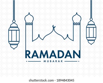 Texto Ramadã Mubarak Com Mesquita De Arte De Linha Azul E Lanternas Penduradas No Fundo Do Padrão Islâmico Branco.