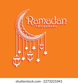 Ramadan Mubarak Text for the holy month with Islamic decoration isolated on orange background. Ramadan Kareem Greetings Social Media post