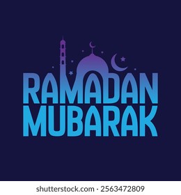 Ramadan Mubarak text with moon, stars and mosque vector illustration on dark blue background. Muslim religious holiday celebration greeting card, poster, banner, template. Ramadan logo, sticker, label