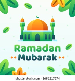 Ramadan Mubarak Text with Mosque and Plants Background. Vector Illustration in Flat Gradient Style.