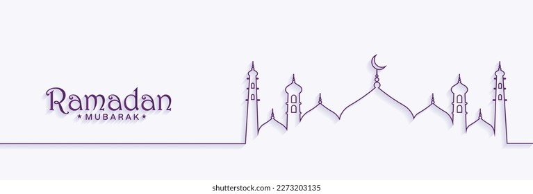 Ramadan Mubarak Text with Outline Mosque Illustration. Ramdan Kareem Greeting Card Banner Template