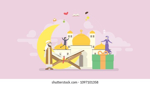 Ramadan Mubarak Tiny People Character Concept Vector Illustration, Suitable For Wallpaper, Banner, Background, Card, Book Illustration, Web Landing Page, and Other Related Creative