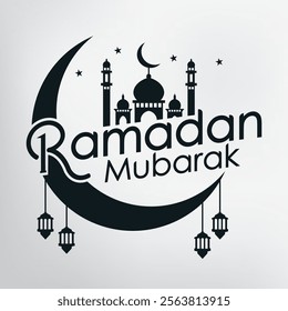 Ramadan Mubarak typography design .Ramadan Kareem text design with Mosque icon , Ramadan lanterns , moon icon  and star .