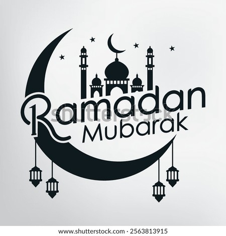 Ramadan Mubarak typography design .Ramadan Kareem text design with Mosque icon , Ramadan lanterns , moon icon  and star .