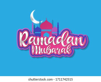 Ramadan Mubarak Typography de fondo vectorial con Mezquita y Luna para banner, Volante, medios sociales, impresión, afiche, web - Ramadan Kareem.