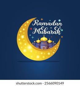 Ramadan Mubarak typography vector illustration design with crescent moon, mosque and magical star elements. Creative and Islamic ramadan Mubarak illustration design for banner and poster design