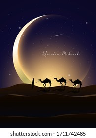 Ramadan Mubarak vector greeting background with desert, moon and camel with night scene for banner, Flyer, social media, print, poster, web.