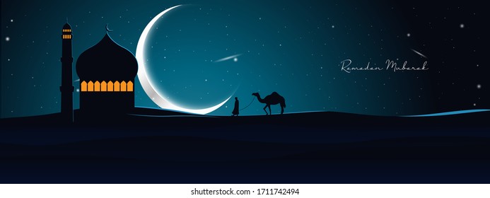 Ramadan Mubarak vector greeting background with desert, moon, mosque and camel with night scene for banner, Flyer, social media, print, poster, web.