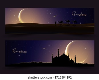 Ramadan Mubarak Vektorillustration Grußhintergrund mit Wüste, Mond, Moschee und Kamel mit Nachtszene für Banner, Flyer, Social Media, Print, Poster, Web.