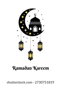 Ramadã Mubarak Saudação Vetorial com Mesquita e Lanternas da Lua Crescente