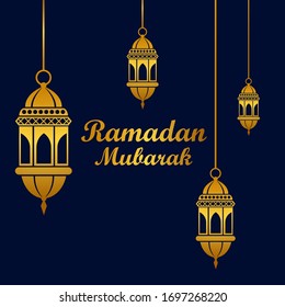 Ramadan mubarak vectorial saludos diseño con linterna colgando en luna creciente dorada en fondo oscuro. Ilustración del vector