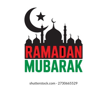 Ramadan Mubarak, Vektorgrafik. Ramadan Mubarak begrüßt mit traditionellen islamischen Elementen von einem Halbmond, Laternen und Sternen auf weißem Hintergrund.
