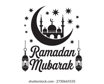 Ramadan Mubarak, Vektorgrafik. Ramadan Mubarak begrüßt mit traditionellen islamischen Elementen von einem Halbmond, Laternen und Sternen auf weißem Hintergrund.