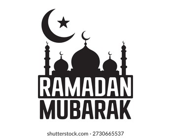 Ilustración vectorial Ramadán Mubarak. Ramadán Mubarak saludando con Elementos islámicos tradicionales por una luna creciente, faroles y estrellas sobre un fondo blanco.
