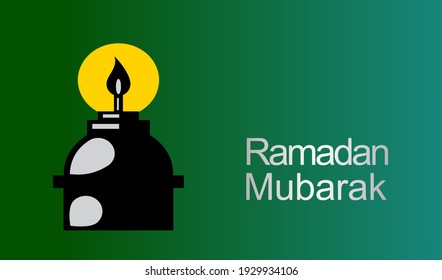 Ramadan mubarak vector minimalist design with great green background single lamp.