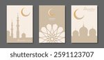 Ramadan Mubarak vector set card A4. holiday posters with text, islamic symbol, crescent moon and mosque. Concept Muslim religion vector banner, flyer, party invitation, sale shop, cover