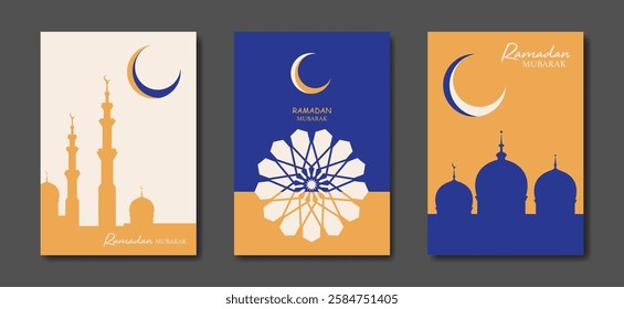 Ramadan Mubarak vector set colorful card A4. holiday posters with text, islamic symbol, crescent moon and mosque. Concept Muslim religion vector banner, flyer, party invitation, sale shop, cover