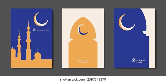 Ramadan Mubarak vector set colorful card A4. holiday posters with text, islamic symbol, crescent moon and mosque. Concept Muslim religion vector banner, flyer, party invitation, sale shop, cover