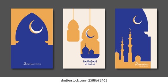 Ramadan Mubarak vector set colorful card A4. holiday posters, islamic symbol, crescent moon and mosque, arabic lantern. Concept Muslim religion vector banner, flyer, party invitation, sale shop, cover