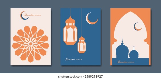 Ramadan Mubarak vector set colorful card A4. holiday posters, islamic symbol, crescent moon and mosque, arabic lantern. Concept Muslim religion vector banner, flyer, party invitation, sale shop, cover
