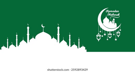 Ramadan Mubarak Vector: White Mosque Silhouettes, Green Background, Crescent Moon, Hanging Lanterns, Festive Design, Islamic Art, Cultural Celebration, Elegant Script, Graphic Illustration.