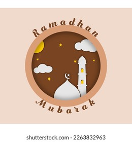 Ramadan Mubarak Vektor Illustration banner with moon mountain clouds and mosque 3d paper cut 