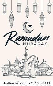 ramadan mubarak vertical banner with arabic ornament in hand drawn style