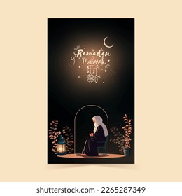 Ramadan Mubarak Diseño Vertical De Pancarta, Personaje Musulmán De Mujeres Orando Con Tasbih En La Silla.