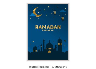 Ramadan mubarak vertical greeting poster with golden crescent moon mosque skyline