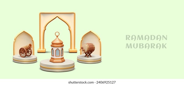 Ramadan Mubarak. Welcome Muslim concept. Islamic holiday. Creative poster in cartoon style. Signal for beginning of Ramadan. 3D drum, cannon, lantern, arch