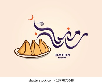 RAMADAN MUBARAK written in Arabic Calligraphy, with a hand drawn sketch of samosas, suitable for ramadan greeting adverts and cards during the holy month 