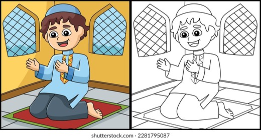 Ramadan Muslim Boy Praying Coloring Illustration