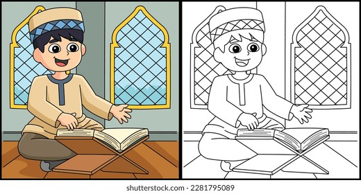 Ramadan Muslim Boy Reading Quran Illustration